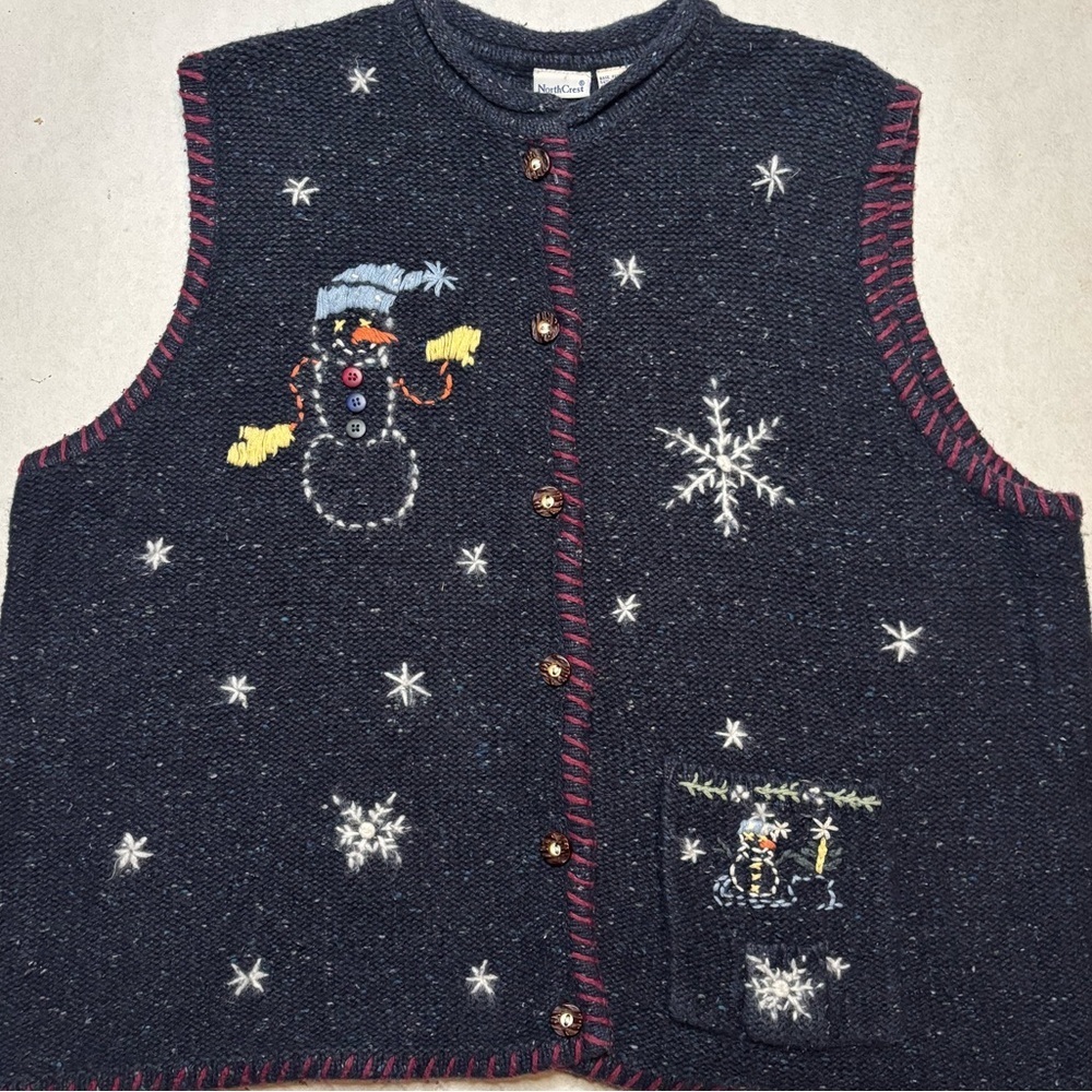 NorthCrest 2X Snowman Knit Vest Blue Embroidered Holiday Sweater Made Hong Kong